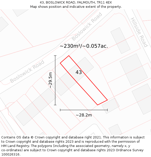 43, BOSLOWICK ROAD, FALMOUTH, TR11 4EX: Plot and title map