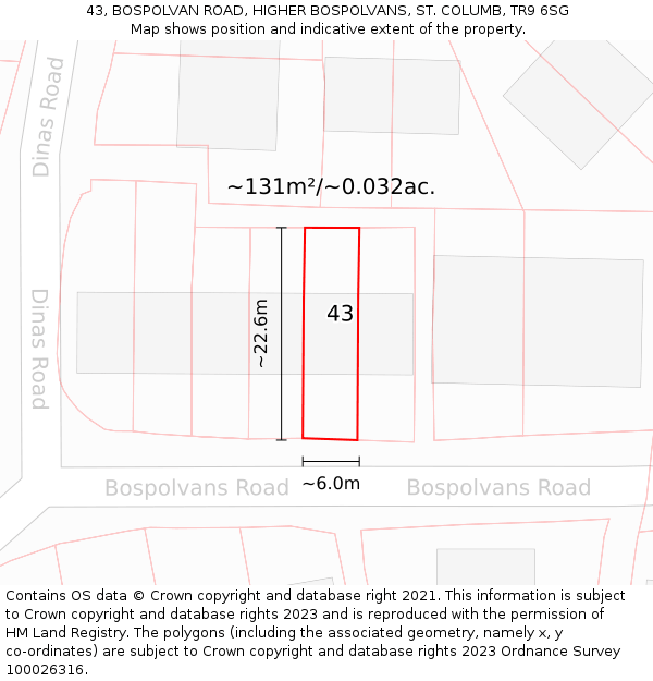 43, BOSPOLVAN ROAD, HIGHER BOSPOLVANS, ST. COLUMB, TR9 6SG: Plot and title map