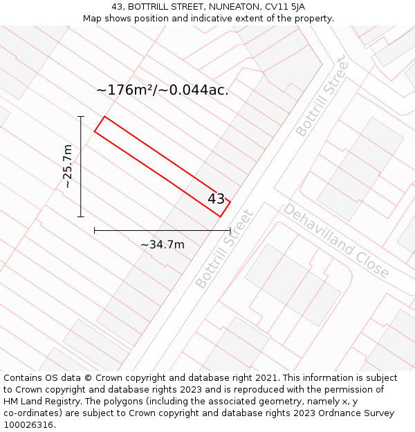 43, BOTTRILL STREET, NUNEATON, CV11 5JA: Plot and title map