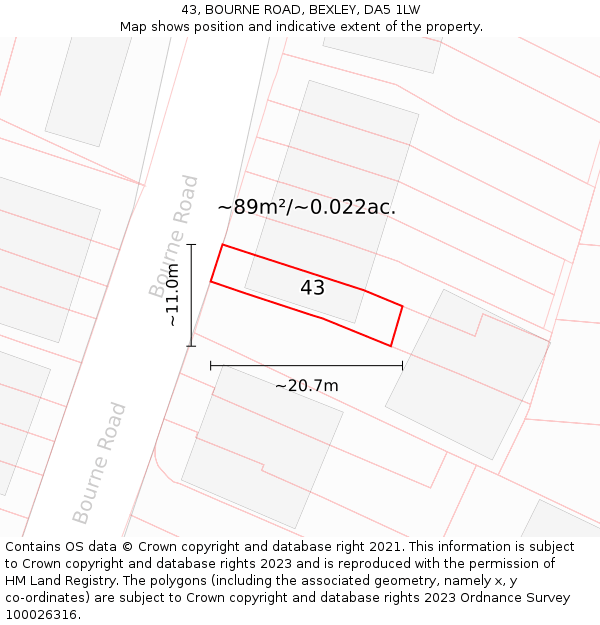 43, BOURNE ROAD, BEXLEY, DA5 1LW: Plot and title map