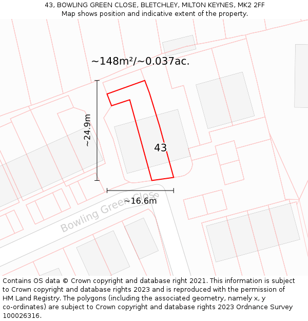 43, BOWLING GREEN CLOSE, BLETCHLEY, MILTON KEYNES, MK2 2FF: Plot and title map