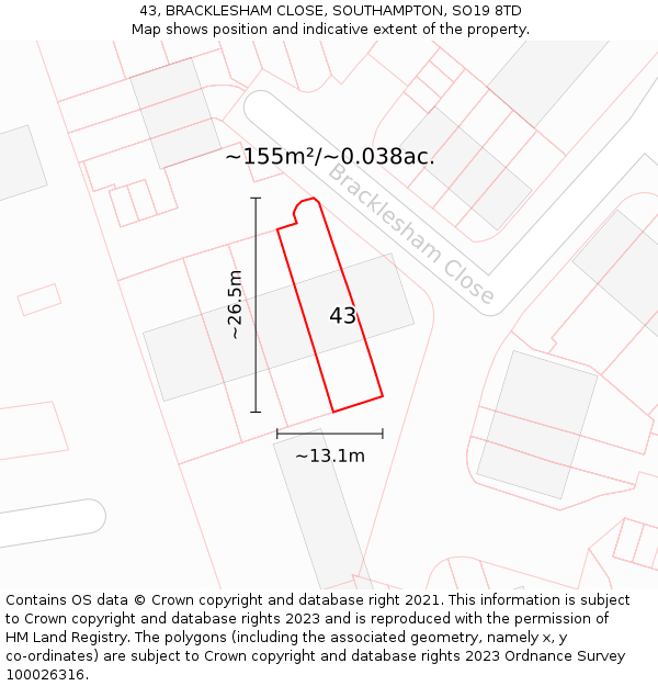 43, BRACKLESHAM CLOSE, SOUTHAMPTON, SO19 8TD: Plot and title map