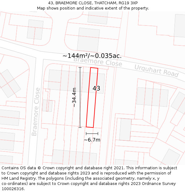 43, BRAEMORE CLOSE, THATCHAM, RG19 3XP: Plot and title map