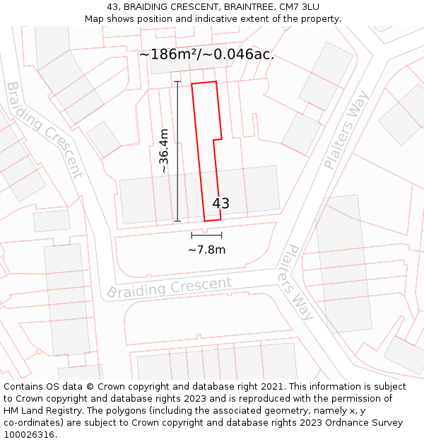 43, BRAIDING CRESCENT, BRAINTREE, CM7 3LU: Plot and title map