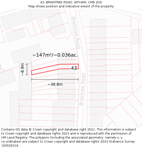 43, BRAINTREE ROAD, WITHAM, CM8 2DD: Plot and title map