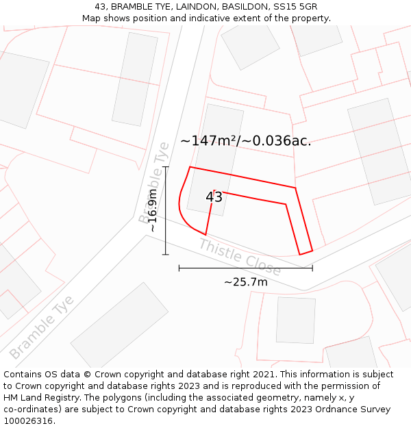 43, BRAMBLE TYE, LAINDON, BASILDON, SS15 5GR: Plot and title map