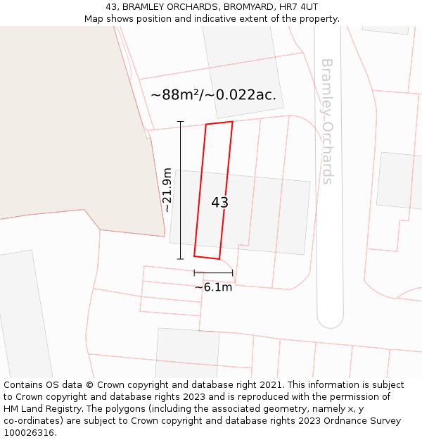 43, BRAMLEY ORCHARDS, BROMYARD, HR7 4UT: Plot and title map