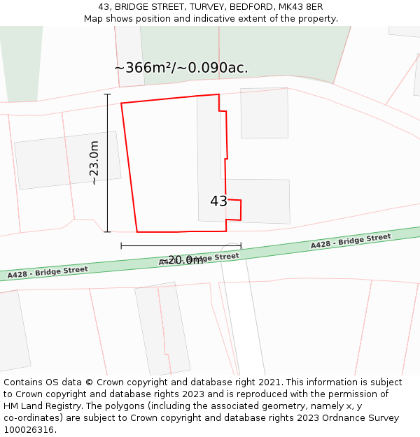 43, BRIDGE STREET, TURVEY, BEDFORD, MK43 8ER: Plot and title map