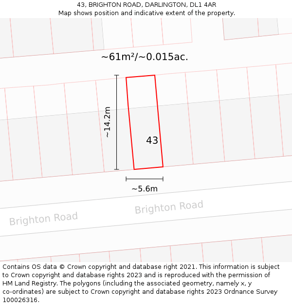 43, BRIGHTON ROAD, DARLINGTON, DL1 4AR: Plot and title map