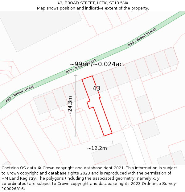 43, BROAD STREET, LEEK, ST13 5NX: Plot and title map