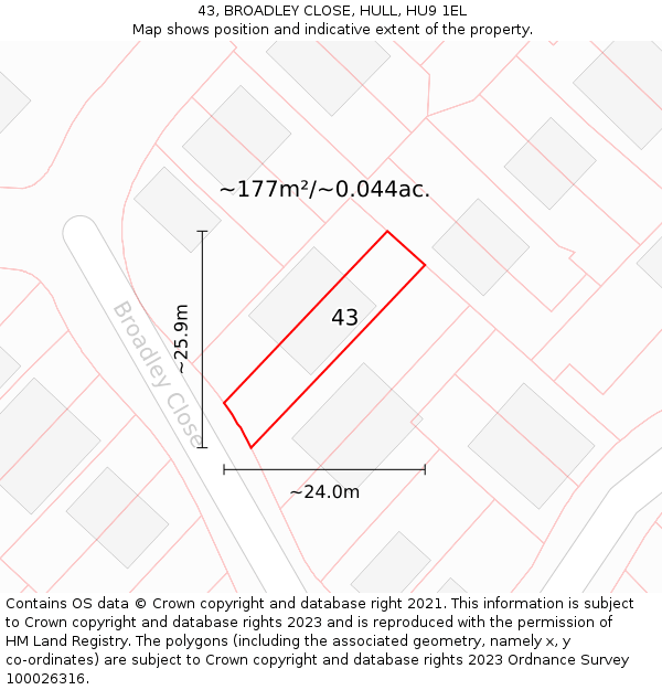 43, BROADLEY CLOSE, HULL, HU9 1EL: Plot and title map