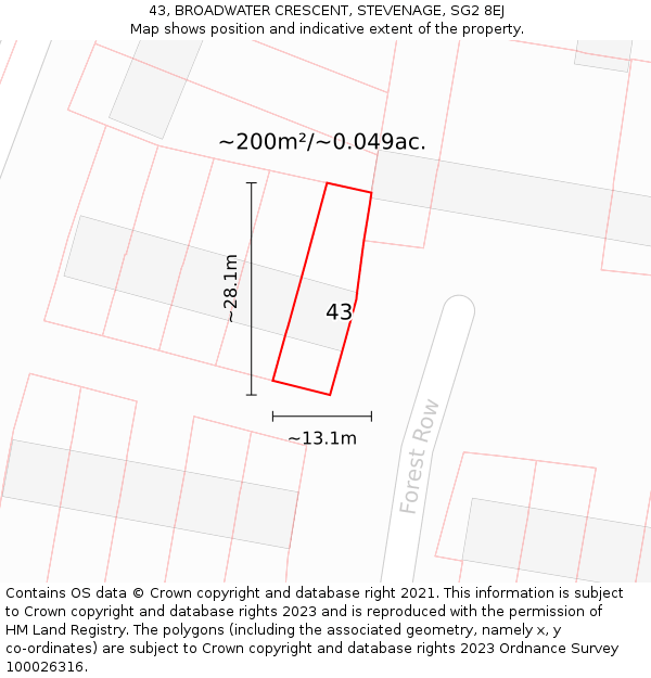 43, BROADWATER CRESCENT, STEVENAGE, SG2 8EJ: Plot and title map