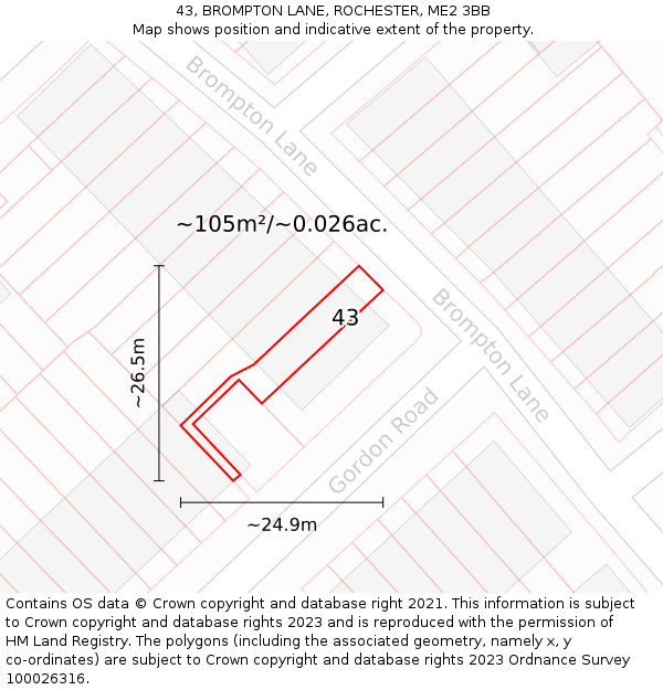 43, BROMPTON LANE, ROCHESTER, ME2 3BB: Plot and title map