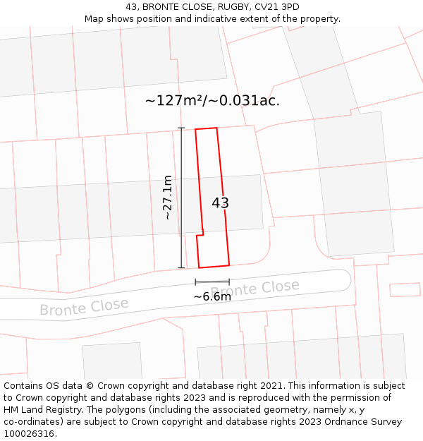 43, BRONTE CLOSE, RUGBY, CV21 3PD: Plot and title map