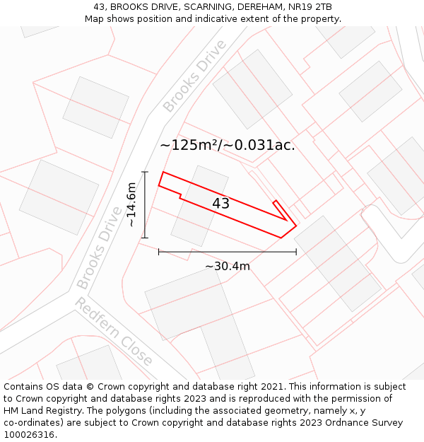 43, BROOKS DRIVE, SCARNING, DEREHAM, NR19 2TB: Plot and title map
