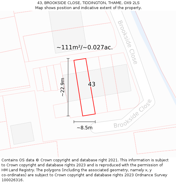 43, BROOKSIDE CLOSE, TIDDINGTON, THAME, OX9 2LS: Plot and title map