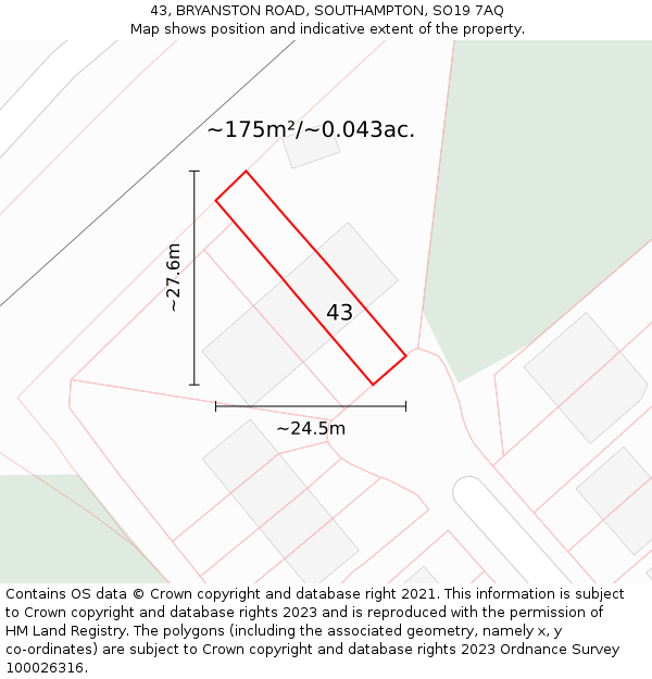 43, BRYANSTON ROAD, SOUTHAMPTON, SO19 7AQ: Plot and title map