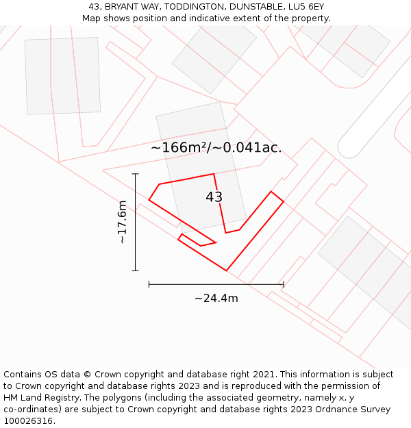 43, BRYANT WAY, TODDINGTON, DUNSTABLE, LU5 6EY: Plot and title map
