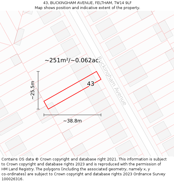 43, BUCKINGHAM AVENUE, FELTHAM, TW14 9LF: Plot and title map