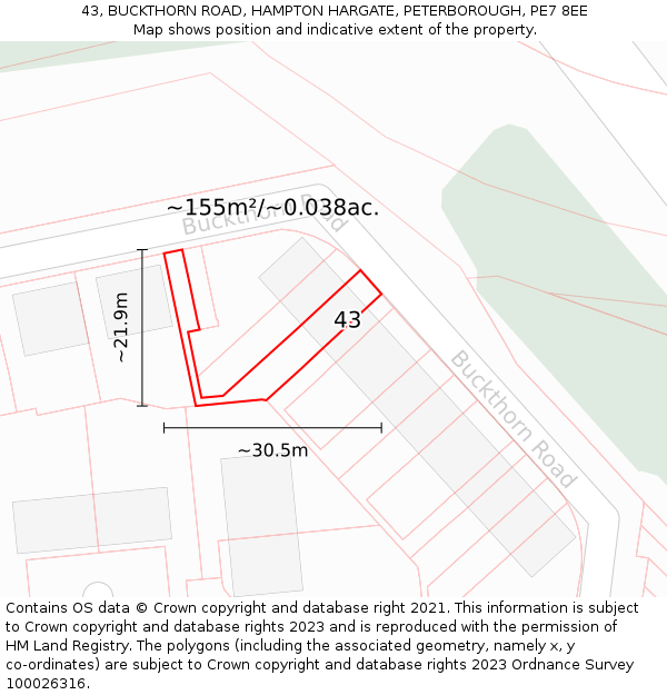 43, BUCKTHORN ROAD, HAMPTON HARGATE, PETERBOROUGH, PE7 8EE: Plot and title map
