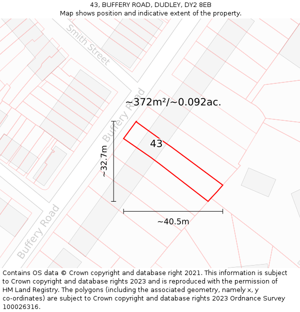 43, BUFFERY ROAD, DUDLEY, DY2 8EB: Plot and title map