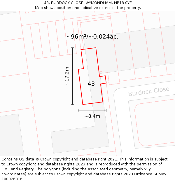 43, BURDOCK CLOSE, WYMONDHAM, NR18 0YE: Plot and title map