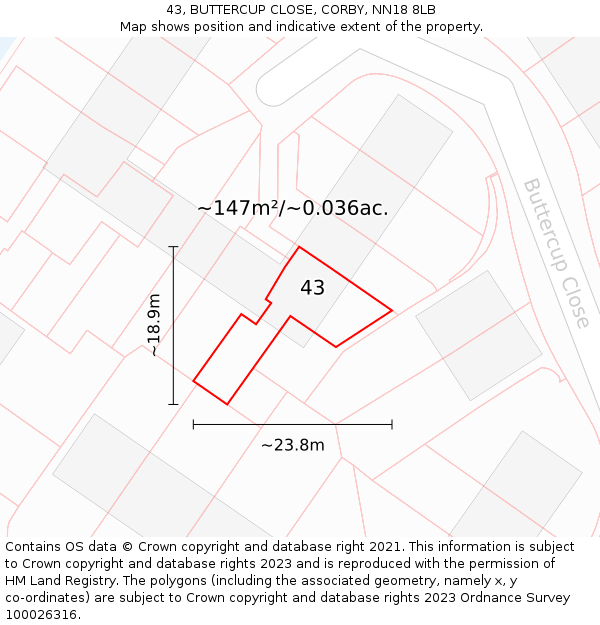 43, BUTTERCUP CLOSE, CORBY, NN18 8LB: Plot and title map