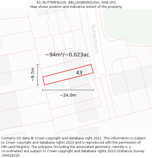 43, BUTTERFIELDS, WELLINGBOROUGH, NN8 2PZ: Plot and title map