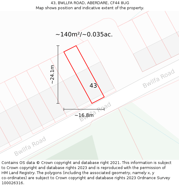 43, BWLLFA ROAD, ABERDARE, CF44 8UG: Plot and title map