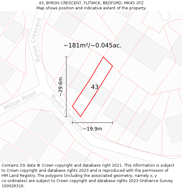 43, BYRON CRESCENT, FLITWICK, BEDFORD, MK45 1PZ: Plot and title map