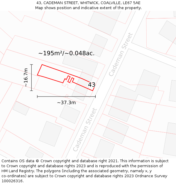 43, CADEMAN STREET, WHITWICK, COALVILLE, LE67 5AE: Plot and title map