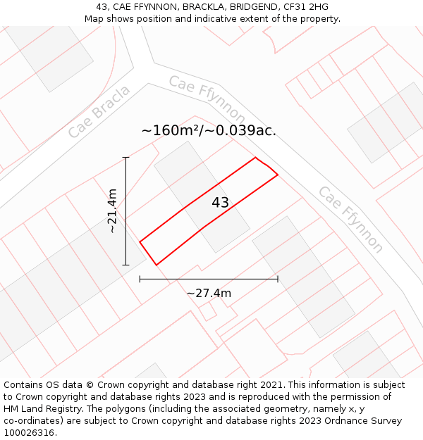 43, CAE FFYNNON, BRACKLA, BRIDGEND, CF31 2HG: Plot and title map