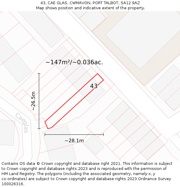 43, CAE GLAS, CWMAVON, PORT TALBOT, SA12 9AZ: Plot and title map