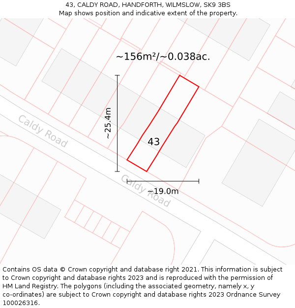 43, CALDY ROAD, HANDFORTH, WILMSLOW, SK9 3BS: Plot and title map