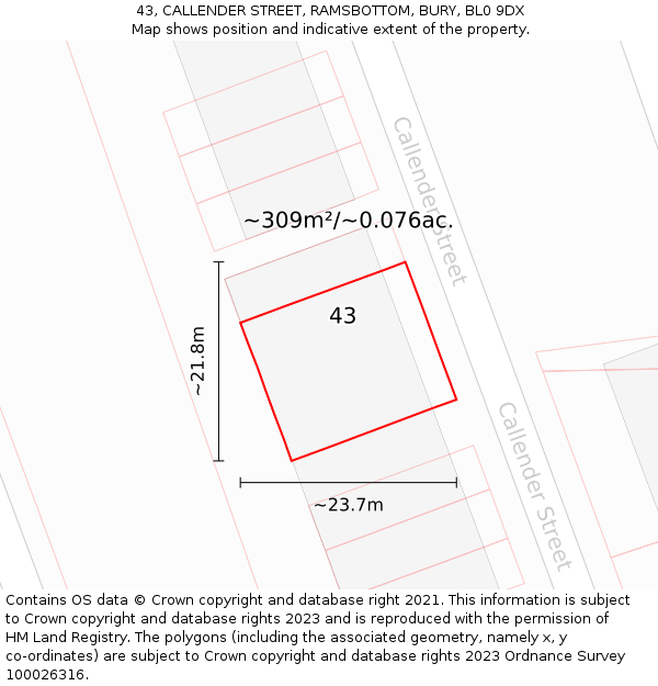 43, CALLENDER STREET, RAMSBOTTOM, BURY, BL0 9DX: Plot and title map
