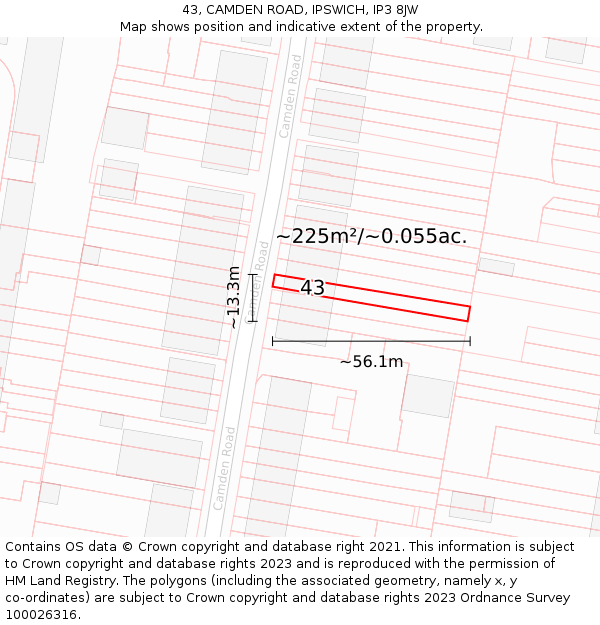 43, CAMDEN ROAD, IPSWICH, IP3 8JW: Plot and title map