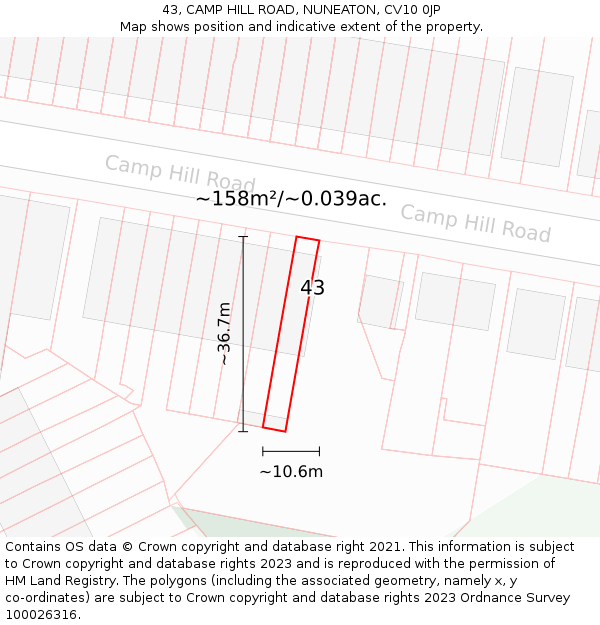 43, CAMP HILL ROAD, NUNEATON, CV10 0JP: Plot and title map