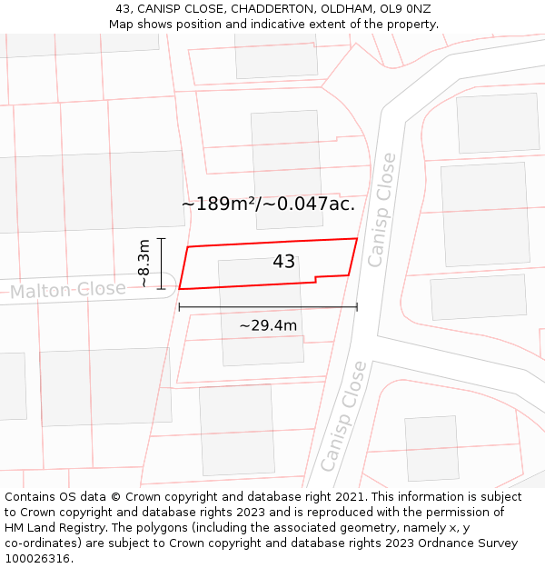 43, CANISP CLOSE, CHADDERTON, OLDHAM, OL9 0NZ: Plot and title map