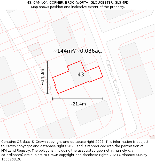 43, CANNON CORNER, BROCKWORTH, GLOUCESTER, GL3 4FD: Plot and title map