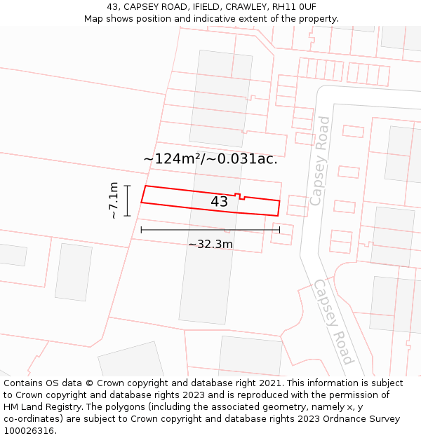43, CAPSEY ROAD, IFIELD, CRAWLEY, RH11 0UF: Plot and title map