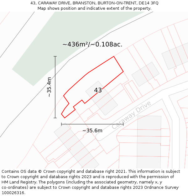 43, CARAWAY DRIVE, BRANSTON, BURTON-ON-TRENT, DE14 3FQ: Plot and title map