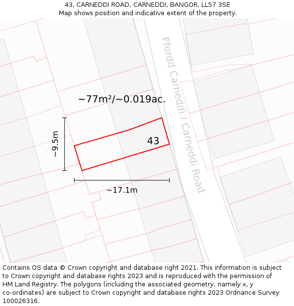 43, CARNEDDI ROAD, CARNEDDI, BANGOR, LL57 3SE: Plot and title map