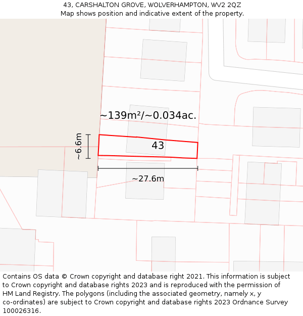43, CARSHALTON GROVE, WOLVERHAMPTON, WV2 2QZ: Plot and title map