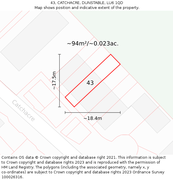 43, CATCHACRE, DUNSTABLE, LU6 1QD: Plot and title map