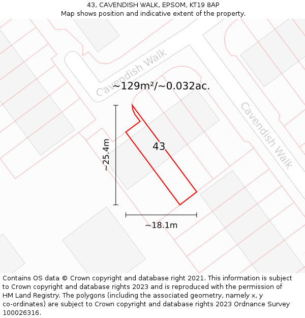 43, CAVENDISH WALK, EPSOM, KT19 8AP: Plot and title map