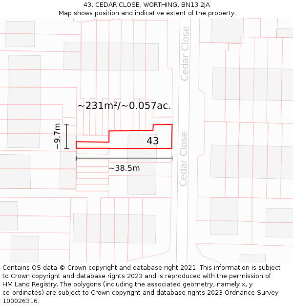 43, CEDAR CLOSE, WORTHING, BN13 2JA: Plot and title map