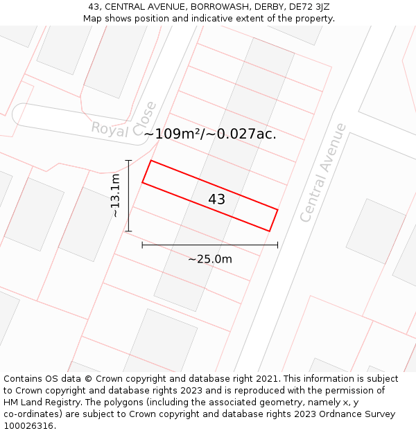 43, CENTRAL AVENUE, BORROWASH, DERBY, DE72 3JZ: Plot and title map