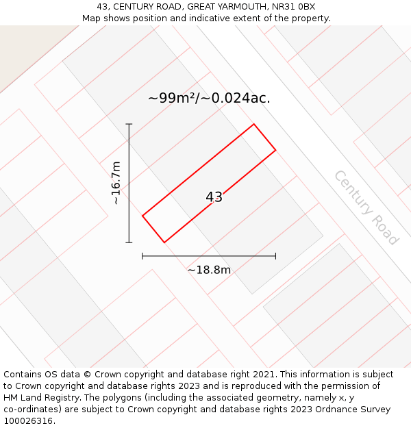 43, CENTURY ROAD, GREAT YARMOUTH, NR31 0BX: Plot and title map