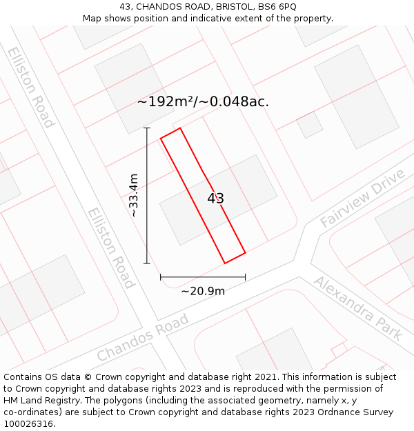 43, CHANDOS ROAD, BRISTOL, BS6 6PQ: Plot and title map