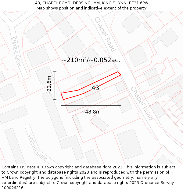 43, CHAPEL ROAD, DERSINGHAM, KING'S LYNN, PE31 6PW: Plot and title map
